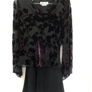 Adrianna Papell Evening Burnout Purple Velvet Blouse Black Chiffon Skirt Petite
